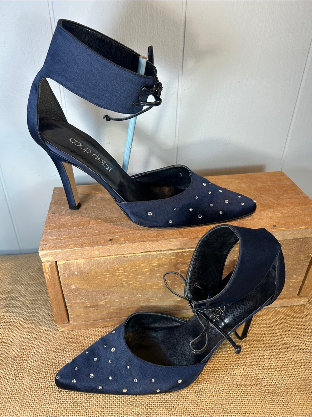 Coup D'etat Navy Pointed Studded Ankle-Strap Heels